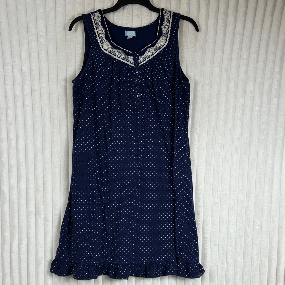 Celestial Dreams Blue polkadot sleeveless midi ruffle trimmed Nightgown XL